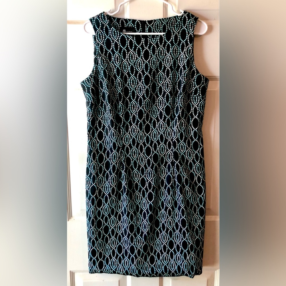 AB Studio Black Aqua Blue White Helix Twist Dot Pattern Sheath Dress Size 12